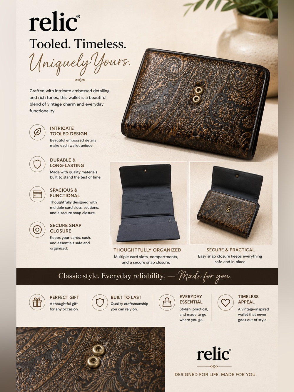Relic Embossed Paisley Leather Wallet - Dark Brown